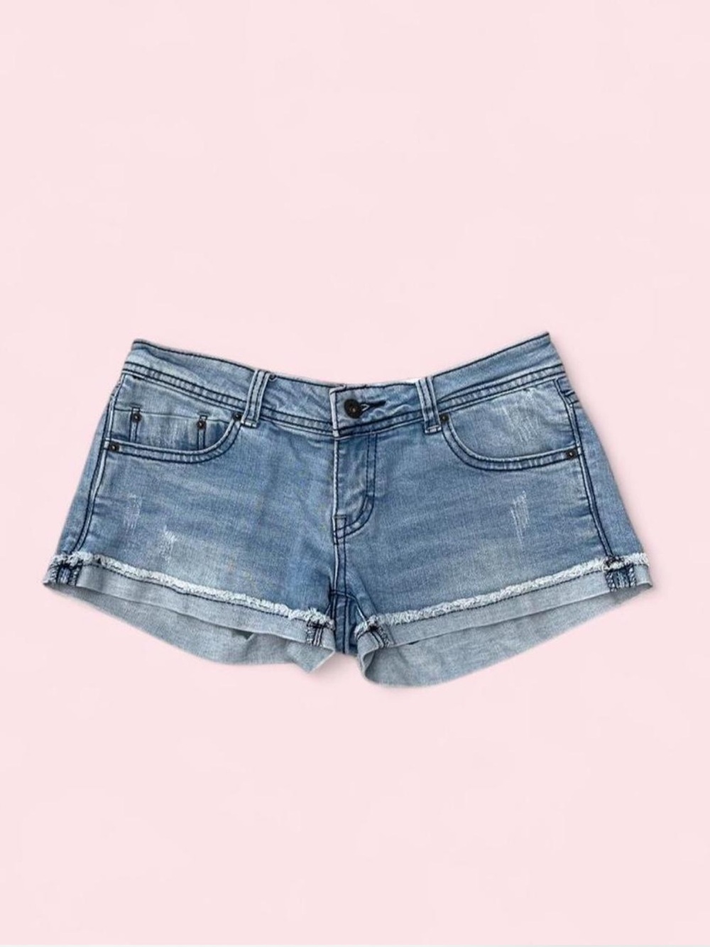 Guess Women's Faded Blue Denim Distressed Low Rise Micro Shorts